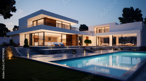 Luxurious Modern Villa with Pool at Dusk © bharath