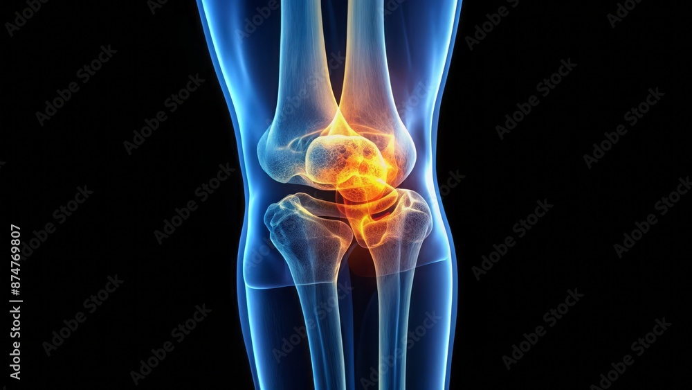 Detailed X-ray image of a human knee joint showcasing intricate ligaments and precise bone alignment for medical analysis purposes only.
