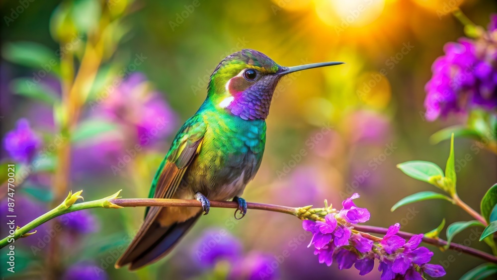 Fototapeta premium Vibrant iridescent hummingbird perches on delicate purple flower branch, its tiny wings fluttering rapidly in warm sunlight.