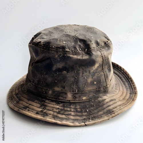 Mud Stained Fishing Hat Detailed Texture Isolated on White Background Casual and Rugged Outdoor Lifestyle Accessory photo