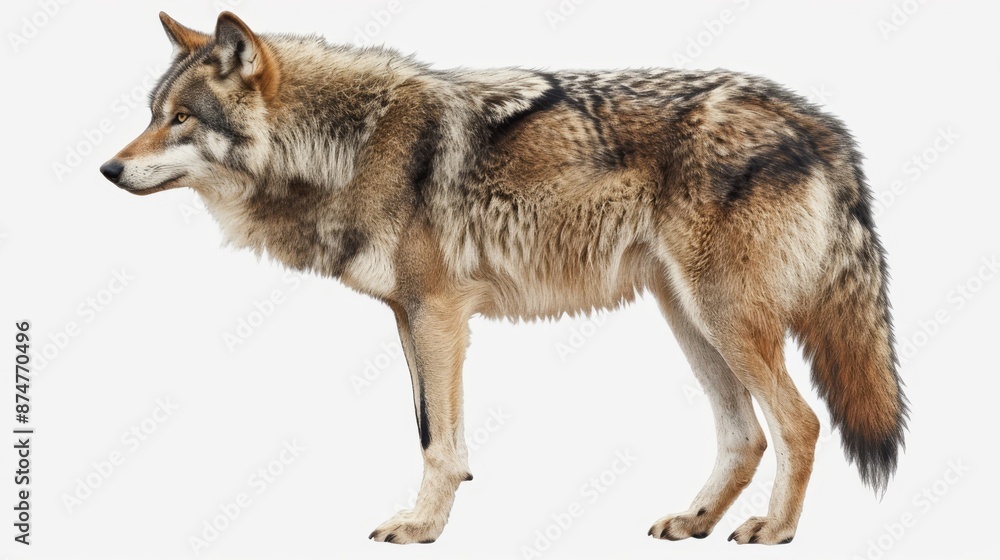 Fototapeta premium A large grey and brown wolf standing on a white background
