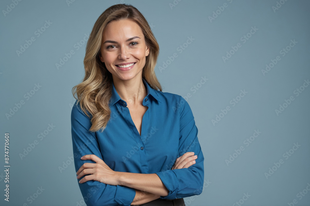 Portrait of smiling young woman confidently with long blonde hair in blue shirt Portrait of smiling young woman confidently with long blonde hair in blue shirt