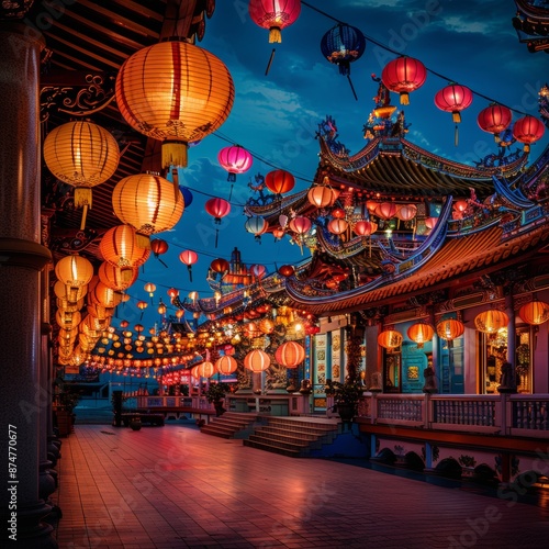 Illuminated Temple Serenity: Vibrant Lanterns and Neon Lights in Traditional Setting at Night