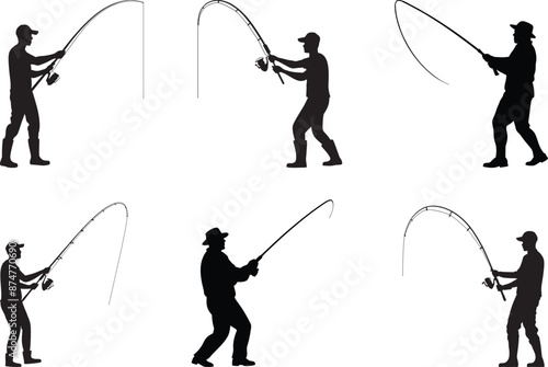 set of silhouettes of fishing, Set of silhouette fisherman. Collection of fishing man isolated white background