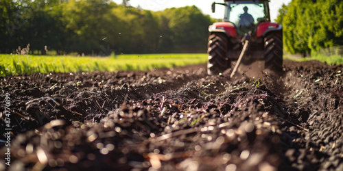 Wallpaper Mural A tractor plowing through a field at sunrise, preparing the soil for planting, with a scenic countryside background. Torontodigital.ca
