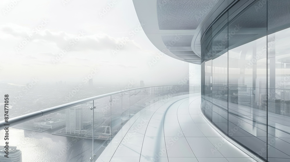 A glass-walled walkway with a city skyline in the background A glass-walled walkway with a city skyline in the background