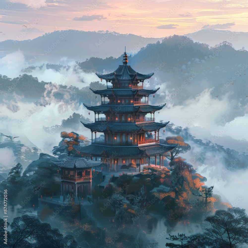 Obraz premium Tranquil Dawn at the Mystical Chinese Temple - Digital Painting of Foggy Morning with Cool Tones and Architectural Beauty