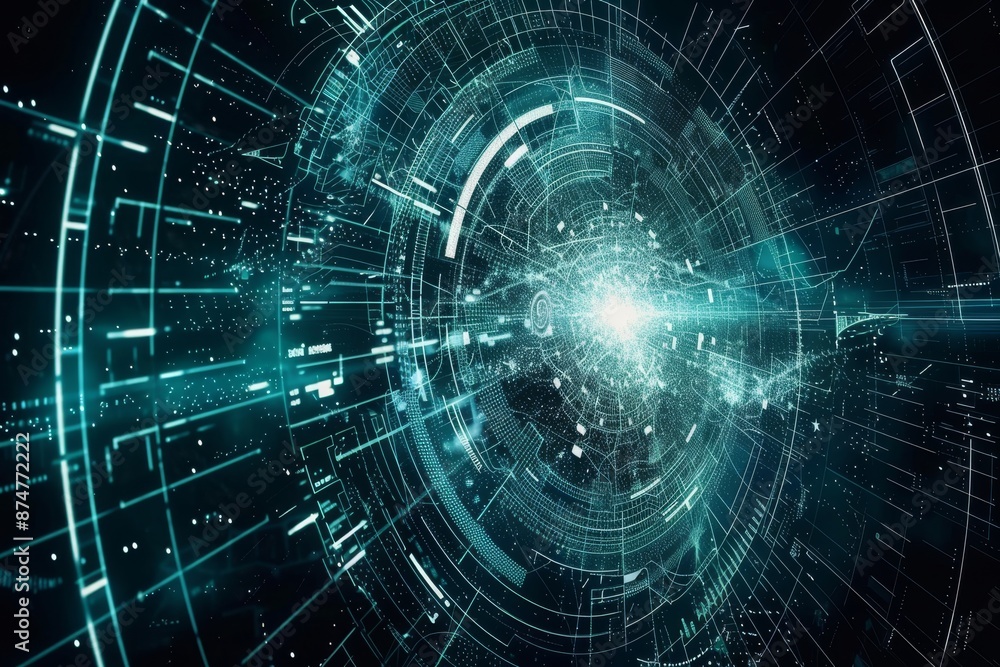 Digital vortex with glowing blue and green elements, high-tech design, dark background, intricate details, abstract representation of data and technology. Digital vortex with glowing blue and green elements, high-tech design, dark background, intricate details, abstract representation of data and technology.