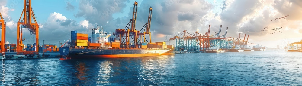 Panoramic view of a bustling port with cargo ships and cranes under a cloudy sky, showcasing the industrial harbor and maritime activities. Panoramic view of a bustling port with cargo ships and cranes under a cloudy sky, showcasing the industrial harbor and maritime activities.
