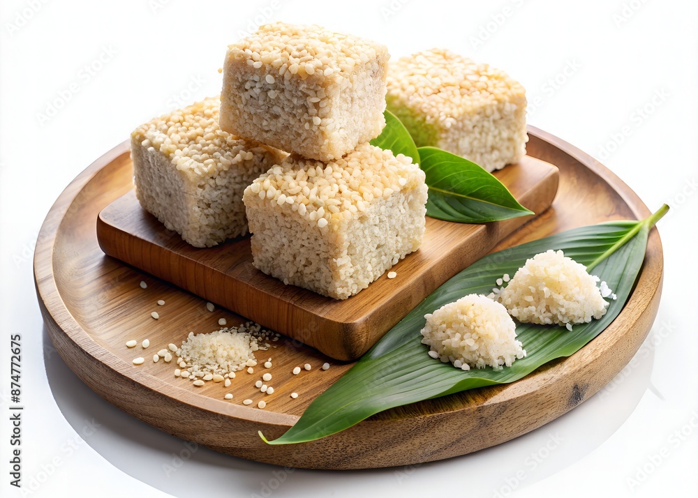Traditional Indonesian Wajik cake, a sweet and sticky rice flour treat, arranged on a wooden platter, adorned with sesame seeds and coconut flakes. Traditional Indonesian Wajik cake, a sweet and sticky rice flour treat, arranged on a wooden platter, adorned with sesame seeds and coconut flakes.