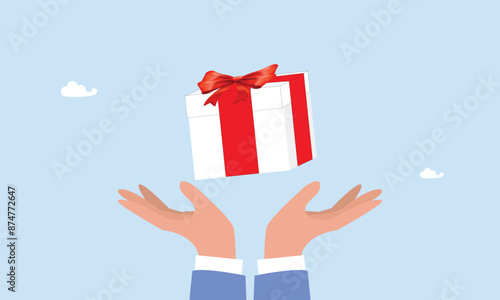  Bonus or surprise present for customer, employee reward or lucky prize, birthday gift box or festive incentive, special loyalty program concept, gift reward program.