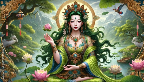 In this enchanting image, Green Tara, the Goddess of Compassion sits gracefully on a lotus flower, wearing a radiant emerald green traditional outfit adorned with intricate gold jewelry.