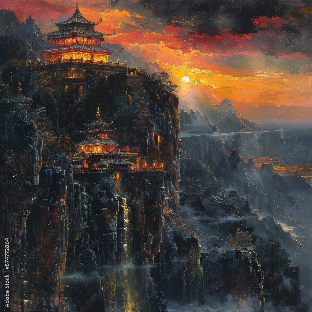 Serene Temple on Cliffside: Asian Architecture with Dramatic Lighting in Oil Painting Style Serene Temple on Cliffside: Asian Architecture with Dramatic Lighting in Oil Painting Style
