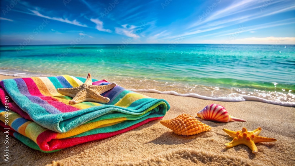 Warm sunny summer day beach scene with colorful beach balls and towels scattered on golden sand near calm turquoise water. Warm sunny summer day beach scene with colorful beach balls and towels scattered on golden sand near calm turquoise water.