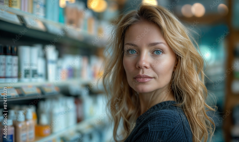 blonde woman in front of cosmetic/ vitamins shelf in Pharmacy with pill bottles and drugstore background blonde woman in front of cosmetic/ vitamins shelf in Pharmacy with pill bottles and drugstore background