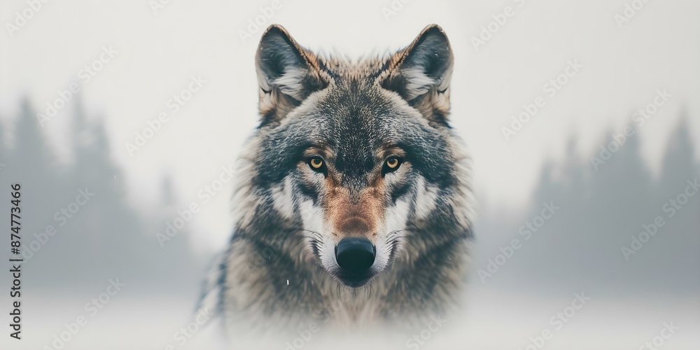 Fototapeta premium Double exposure showcases wolfs intense gaze against white background highlighting wilderness beauty. Concept Wildlife Photography, Double Exposure, Nature Aesthetics, Wolf Portraits