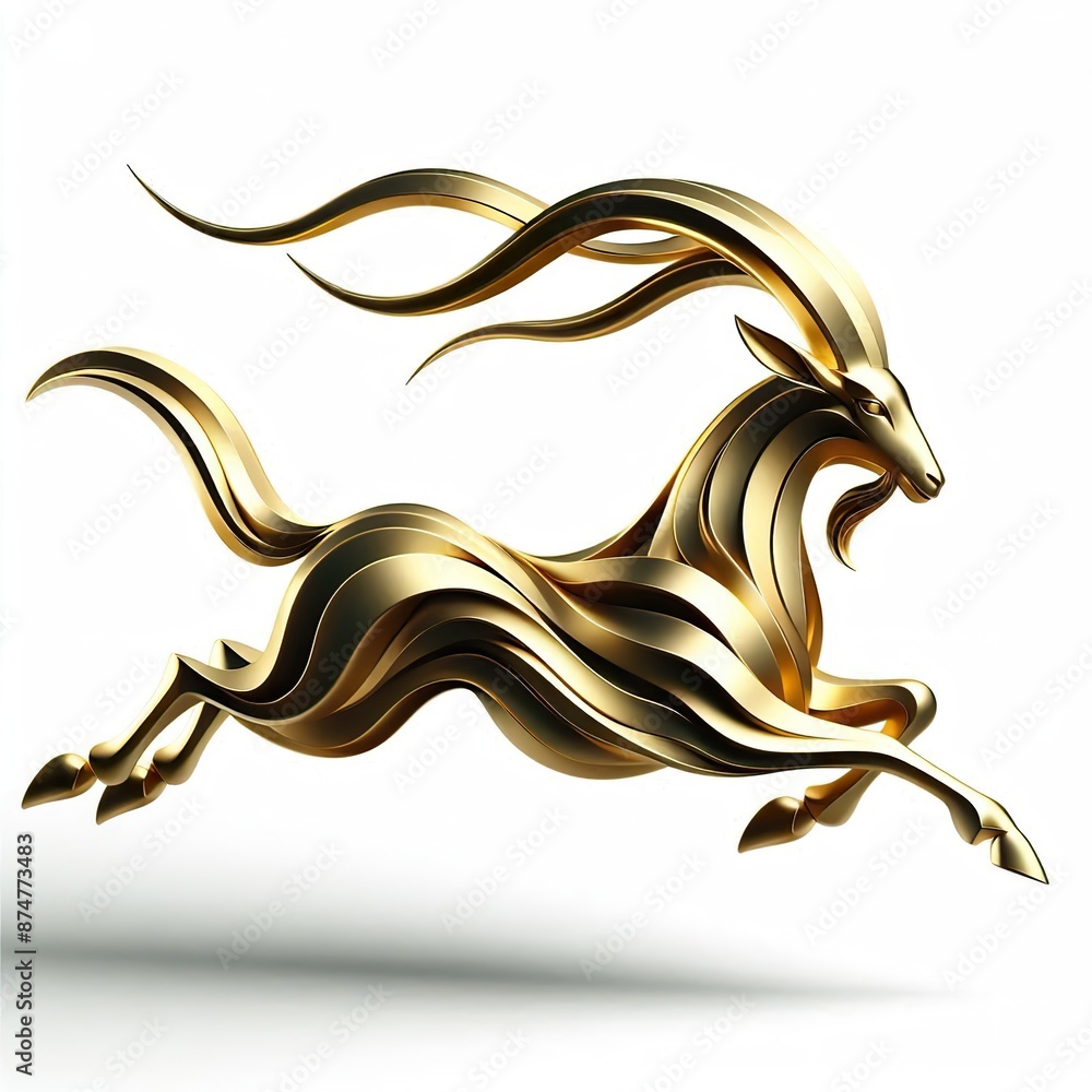 A three-dimensional, Gold stylized of a Goat running fast A three-dimensional, Gold stylized of a Goat running fast