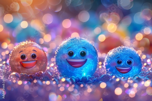 Smiling fuzzy spheres with glittering background, blue and orange colors, digital illustration, playful and cheerful design, whimsical ambiance.