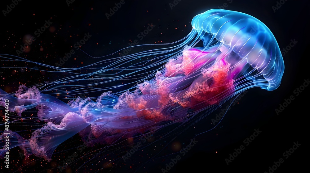 Neon Jellyfish with Mesmerizing Blue and Pink Glowing Tentacles on Black Background Neon Jellyfish with Mesmerizing Blue and Pink Glowing Tentacles on Black Background