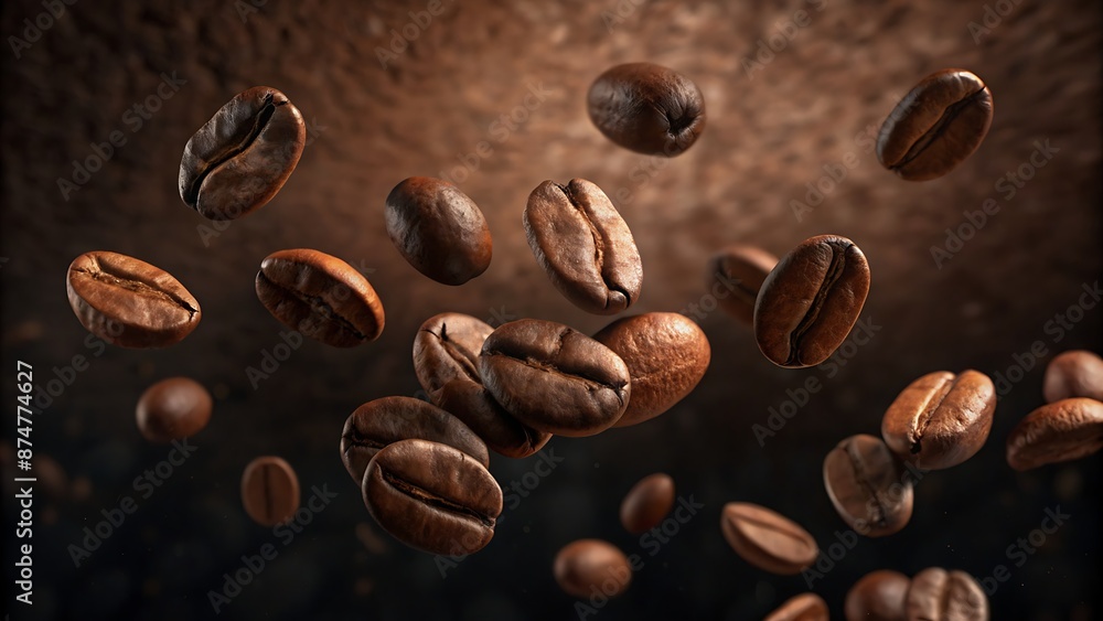 Brown coffee beans cascading down in slow motion, suspended in mid-air, against a soft focus dark background, showcasing their natural texture and shape. Brown coffee beans cascading down in slow motion, suspended in mid-air, against a soft focus dark background, showcasing their natural texture and shape.
