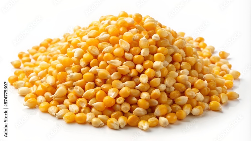 Freshly popped yellow buttery kernels scattered around in a heap on a clean white background with subtle shadows.