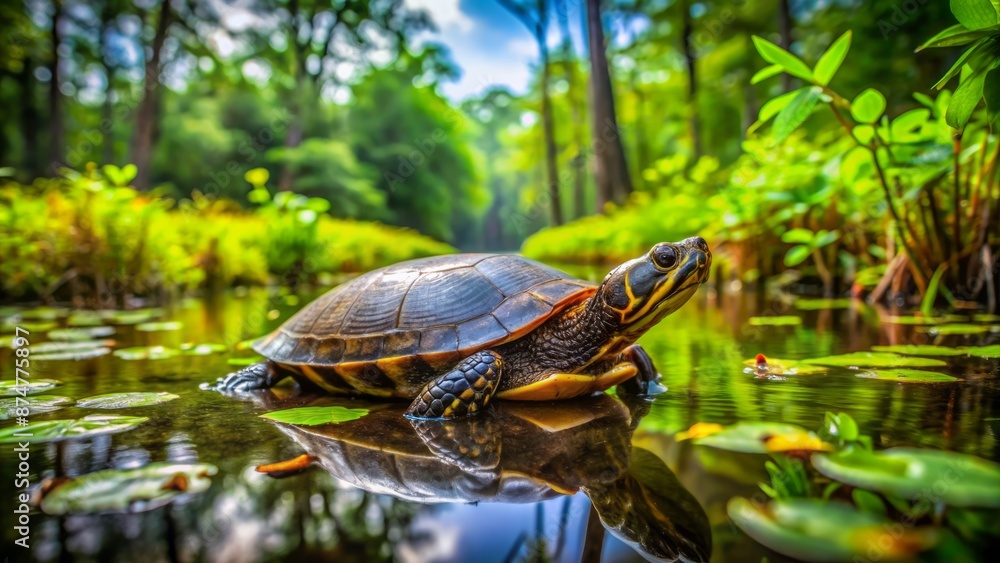 Fototapeta premium A solitary swamp turtle navigates through murky waters surrounded by lush green vegetation in a serene natural wetland environment.