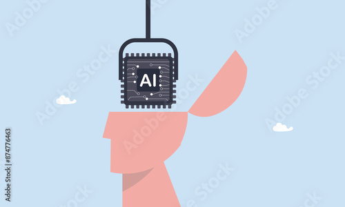Robot arm put AI processing chip into human brain, AI, Artificial Intelligence to think like human, machine learning technology to calculate and solve problem, robot and automation innovation concept.