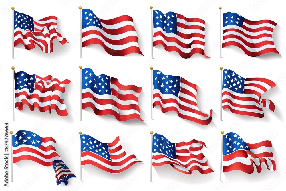 Waving flags. Set of american flags on white background. National flags waving symbols. Banner design elements Waving flags. Set of american flags on white background. National flags waving symbols. Banner design elements