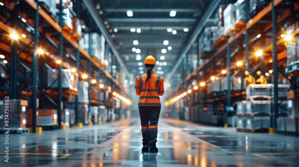 Manager's silhouette against a backdrop of routing technology in a bustling logistics center, wide angle, evening light, photorealistic detail Manager's silhouette against a backdrop of routing technology in a bustling logistics center, wide angle, evening light, photorealistic detail