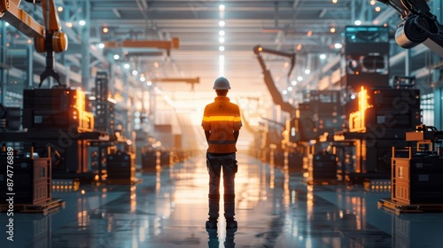 Manager's silhouette against a backdrop of automated machinery in a futuristic logistics hub, wide shot, twilight ambiance, photorealistic