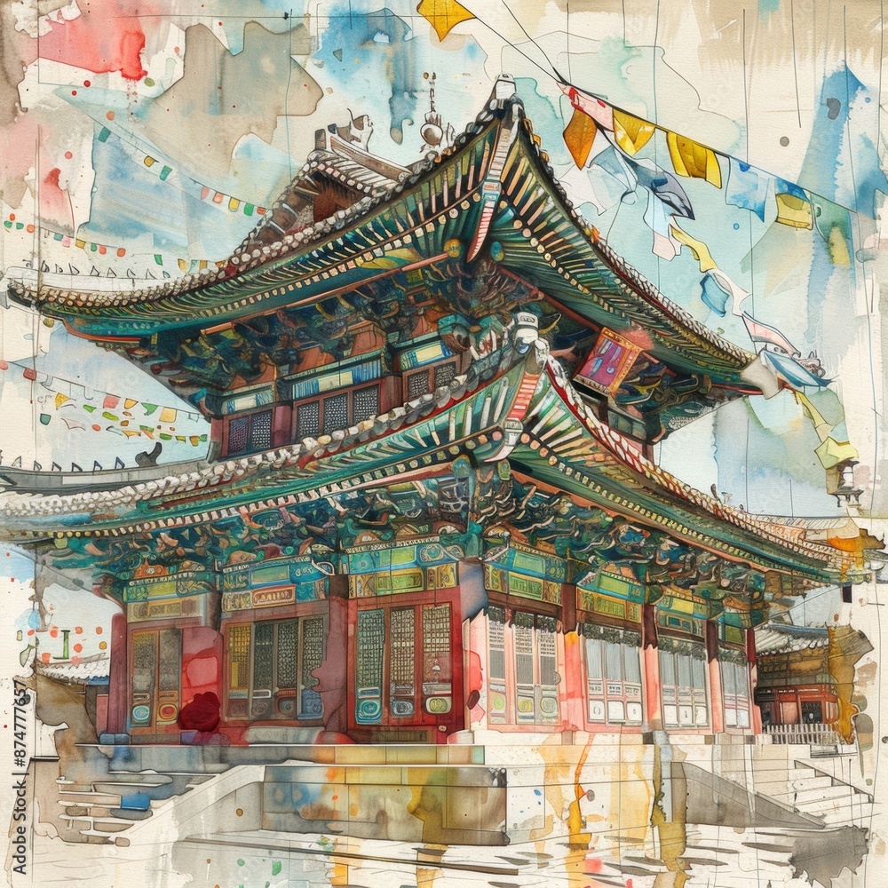 Obraz premium Serene Temple with Colorful Prayer Flags and Asian Architecture Sketched with Vibrant Colors