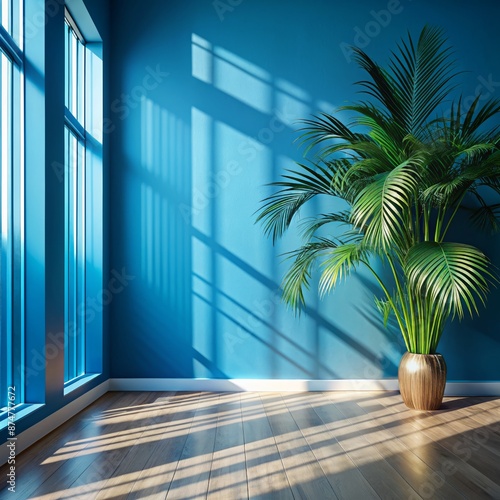 room with blue walls and a large window casting sunny shadows, with a green plant in the corner, Concept background for product presentation and interior design © ankai