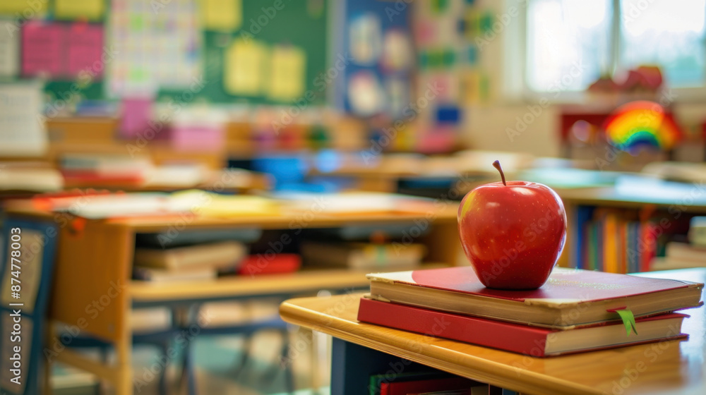 Red apple sitting on books on desk in foreground of an elementary classroom, back to school time Red apple sitting on books on desk in foreground of an elementary classroom, back to school time