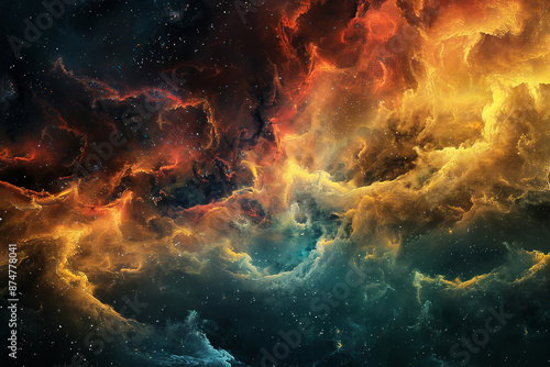 A colorful space scene with a yellow and red cloud in the middle