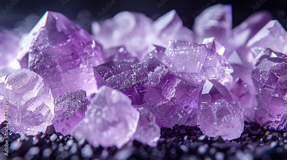 A mound of violet gemstones resting atop a heap of coal-colored stones alongside another stack of rock A mound of violet gemstones resting atop a heap of coal-colored stones alongside another stack of rock
