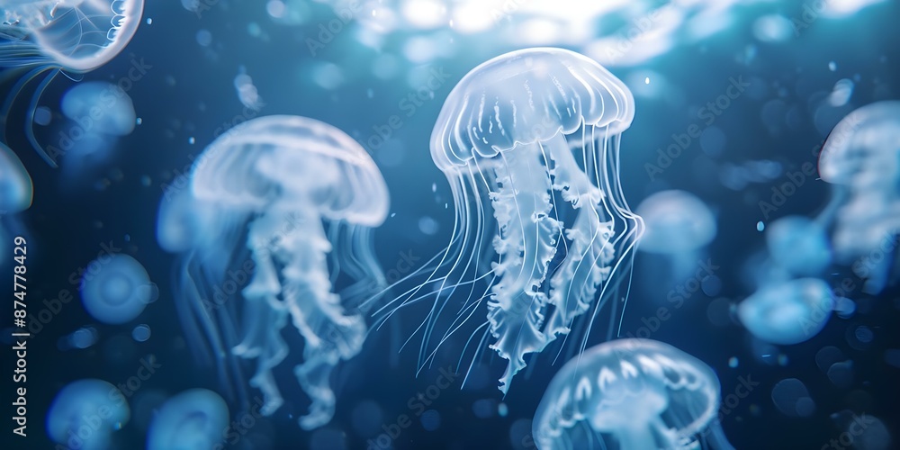 Naklejka premium Captivating wide-angle photograph of luminous jellyfish in enchanting underwater scene. Concept Underwater Photography, Marine Life, Jellyfish, Wide-Angle Shot, Enchanting Scene