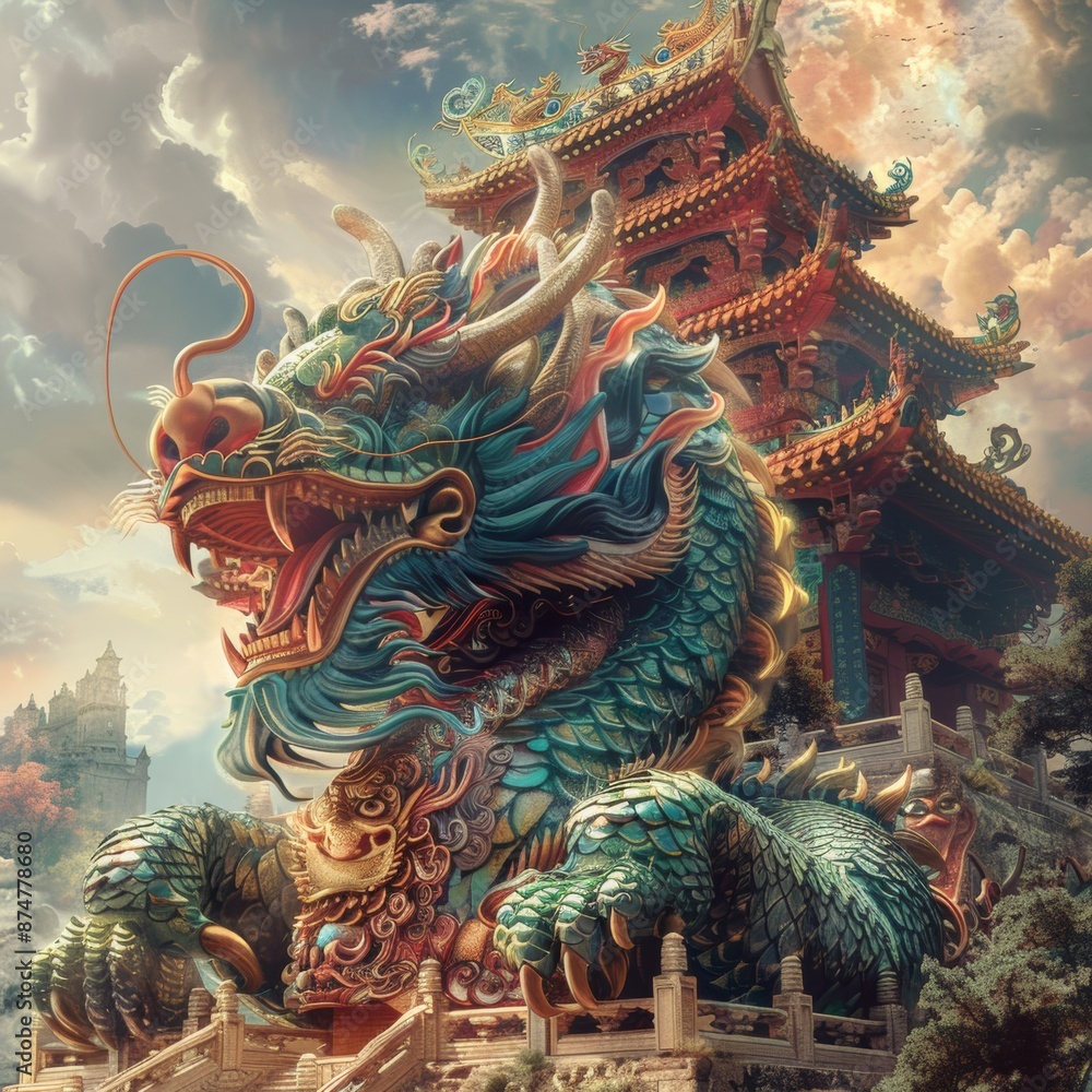 Obraz premium Majestic Temple of the Dragon: Detailed Traditional Illustration with Rich Colors