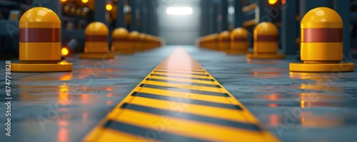 Modern warehouse aisle with safety bollards and yellow striped floor marking, ensuring safe navigation for vehicles and personnel.