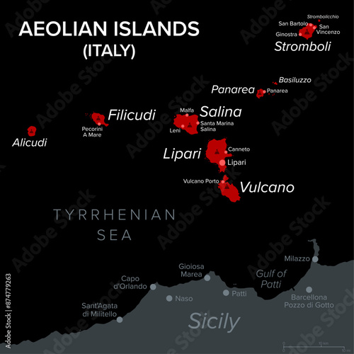 Aeolian Islands in Italy, dark political map. Volcanic archipelago in the Tyrrhenian Sea north of Sicily. Also called Lipari Islands. Lipari, Vulcano, Salina, Stromboli, Filicudi, Alicudi and Panarea.