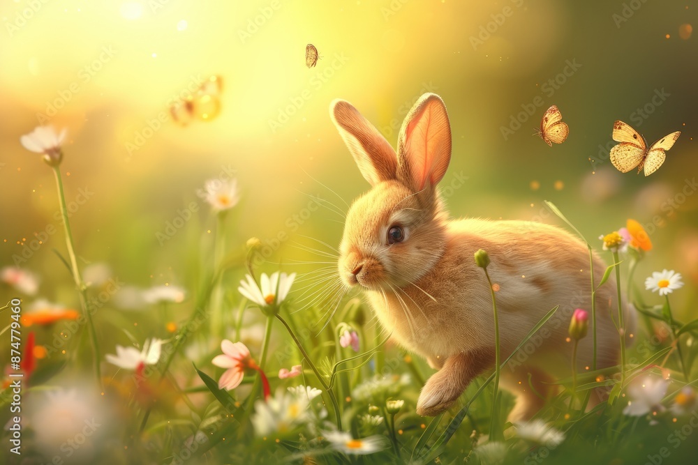 a rabbit in a field with daisies and butterflies, adorable bunny hops through a flowery meadow, butterflies fluttering around a rabbit in a field with daisies and butterflies, adorable bunny hops through a flowery meadow, butterflies fluttering around