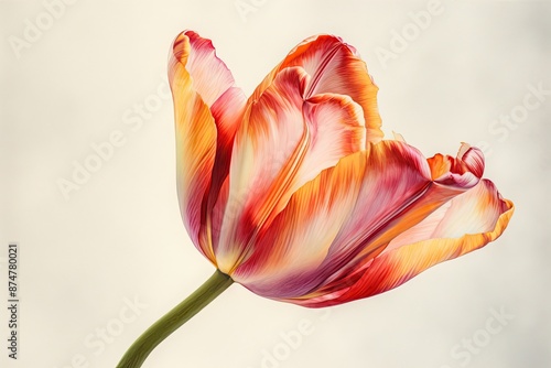 a single red and white tulip on a black background, elegant tulip, its slender stem supporting vibrant hues that dance like watercolor dreams photo