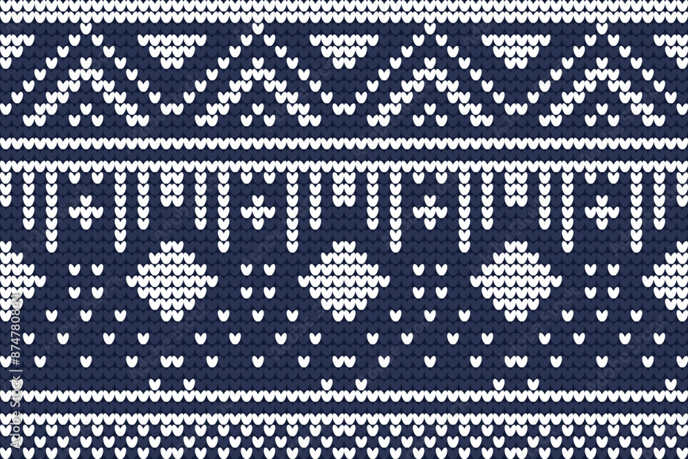 White on a blue background. White and Blue Knitted Pattern Vector, Knitted geometrical pattern. White and blue background. Vector illustration White on a blue background. White and Blue Knitted Pattern Vector, Knitted geometrical pattern. White and blue background. Vector illustration