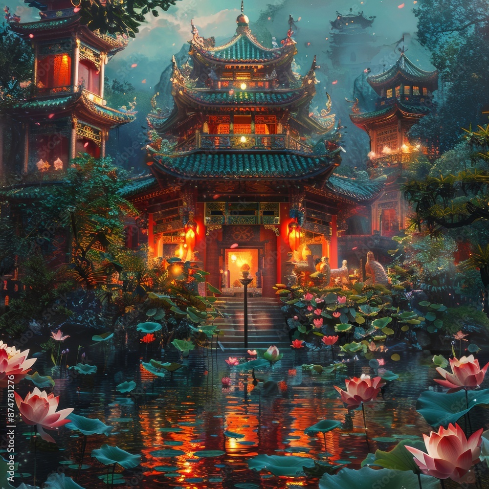 Tranquil Temple: Lotus Flower Adorned Sanctuary in Vibrant Digital Art Tranquil Temple: Lotus Flower Adorned Sanctuary in Vibrant Digital Art
