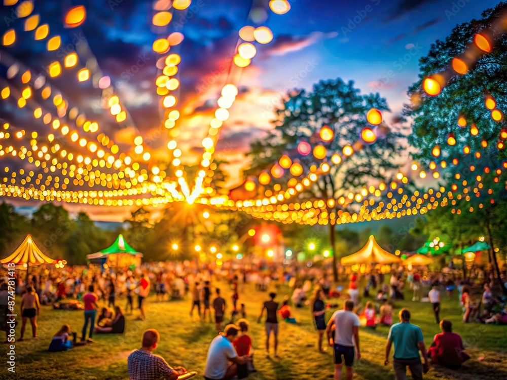 Vibrant bokeh lights swirl around a blurred outdoor festival scene, capturing the energetic atmosphere of a lively event on a warm summer evening. Vibrant bokeh lights swirl around a blurred outdoor festival scene, capturing the energetic atmosphere of a lively event on a warm summer evening.