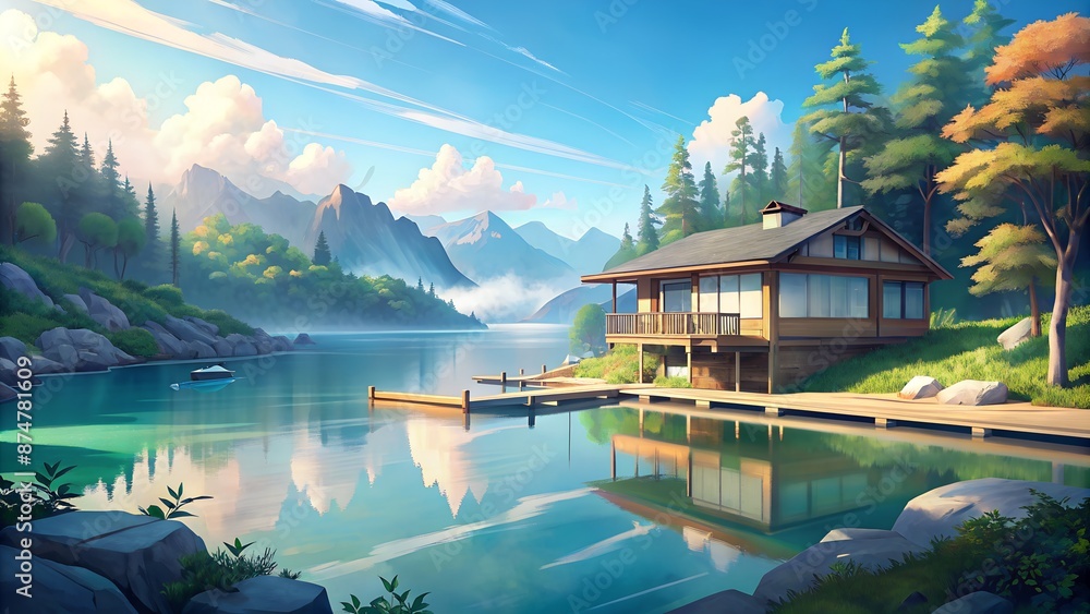 Obraz premium Tranquil Lakeside Cabin Retreat Surrounded by Serene Mountains and Forests