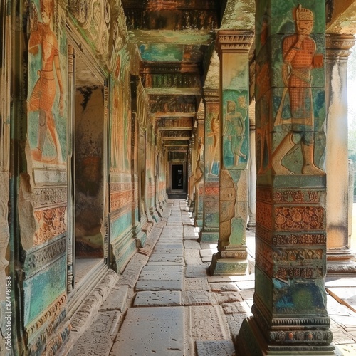 Serene Temple with Intricate Ancient Murals in Vibrant Traditional Colors