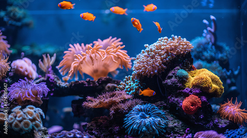 Vibrant Coral Reef with Colorful Marine Life in Underwater Scene Featuring Various Coral Species and Anemones