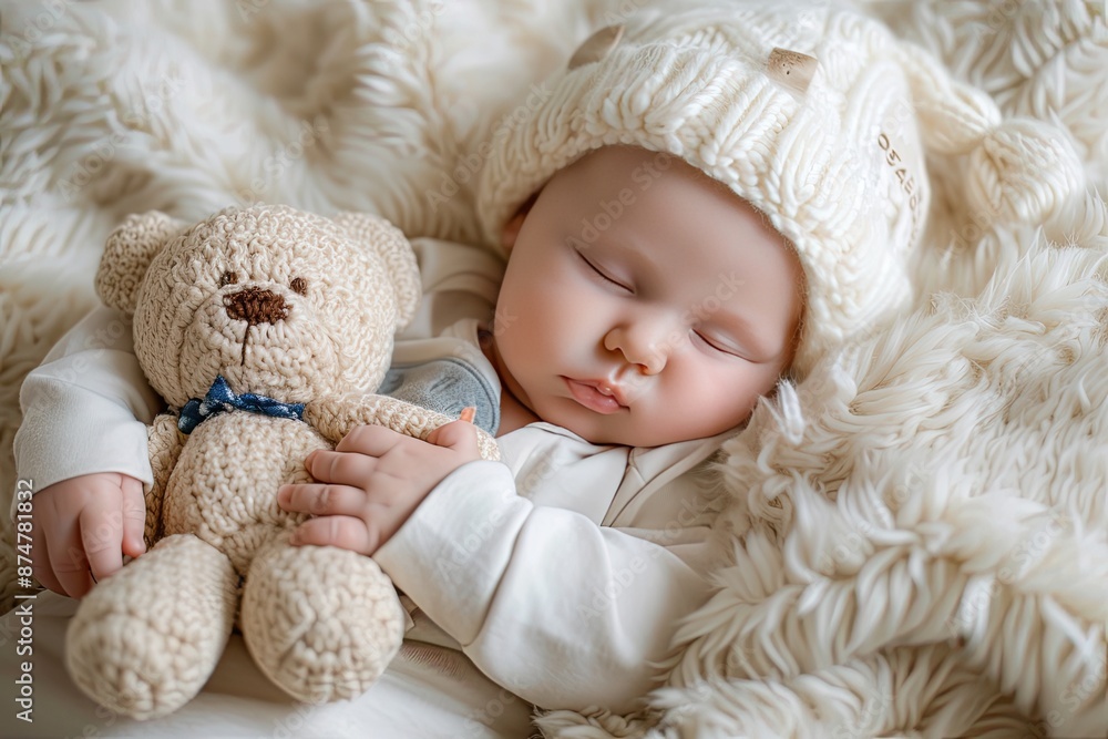 a baby sleeping with a teddy bear on a blanket, sleepy baby cuddled up with a soft plush toy