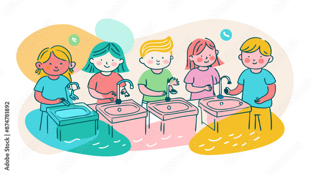Happy Children Practicing Hand Hygiene at School Sinks Happy Children Practicing Hand Hygiene at School Sinks