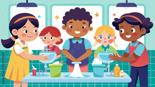 Diverse Group of Children Practicing Good Hygiene by Washing Hands